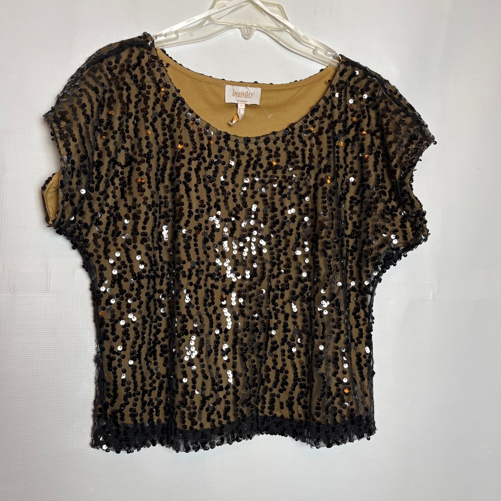 Laundry by Shelli Segal Womens Gold Black Sequin Cap‎ Sleeve Party Top Small